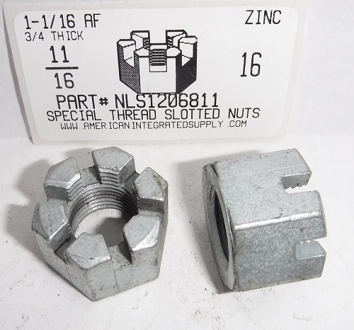 11/16-16 SPECIAL THREAD HEX SLOTTED NUT STEEL ZINC PLATED 1-1/16"AF X 3/4"TH (DISCONTINUED)