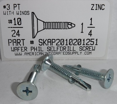 #10-24X1-1/4 WAFER HEAD PHILLIPS SELF DRILLING SCREW #3 POINT WITH WINGS STEEL ZINC PLATED