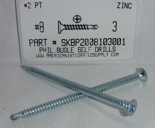 #8X3 BUGLE HEAD PHILLIPS SELF DRILLING DRYWALL SCREW #2 POINT STEEL ZINC PLATED