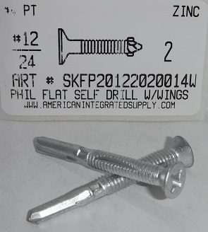 #12-24X2 FLAT HEAD PHILLIPS SELF DRILLING SCREW WITH WINGS #4PT STEEL ZINC PLATED