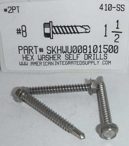 #8X1-1/2 HEX WASHER HEAD SELF-DRILLING SCREW #2 POINT 410 STAINLESS STEEL