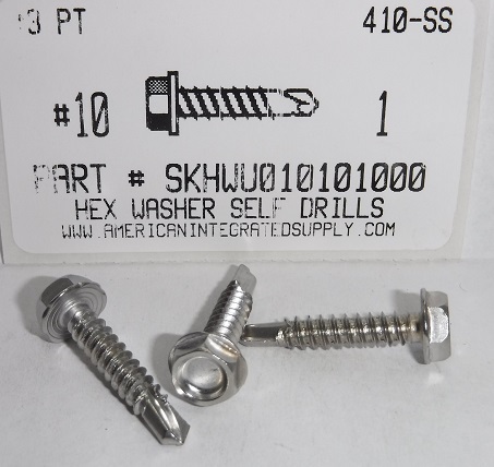 #10X1 HEX WASHER HEAD SELF DRILLING SCREW #3 POINT 410 STAINLESS STEEL