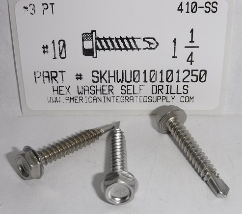 #10X1-1/4 HEX WASHER HEAD SELF DRILLING SCREW #3 POINT 410 STAINLESS STEEL