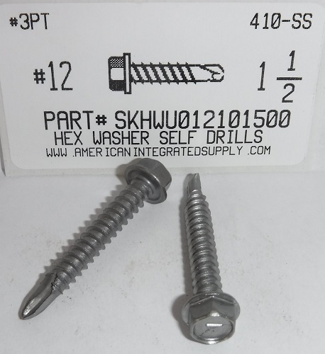 #12X1-1/2 HEX WASHER HEAD SELF DRILLING SCREW #3 POINT 410 STAINLESS STEEL