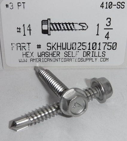 #14X1-3/4 HEX WASHER HEAD SELF DRILLING SCREW #3 POINT 410 STAINLESS STEEL