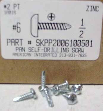 #6X1/2 PAN HEAD PHILLIPS SELF DRILLING SCREW #2 POINT STEEL ZINC PLATED