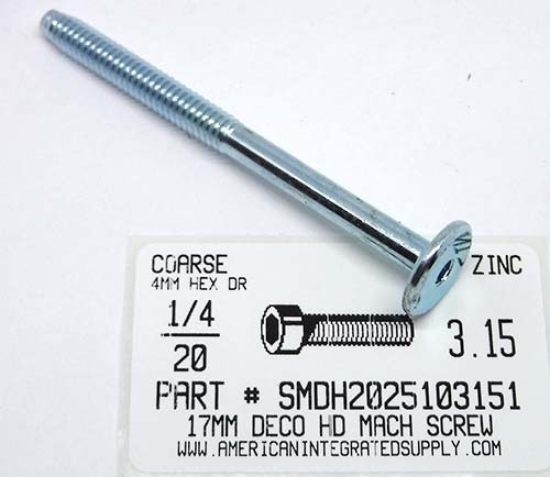 1/4-20X3.15 17MM DECORATIVE HEAD MACHINE SCREW STEEL ZINC 4MM HEX DRIVE