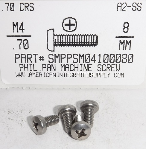 M4-.70X8MM PAN HEAD PHILLIPS MACHINE SCREW A2 STAINLESS STEEL D7985