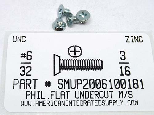 #6-32X3/16 UNDERCUT FLAT HEAD PHILLIPS MACHINE SCREW STEEL ZINC PLATED