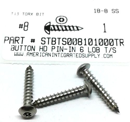 #8X1 BUTTON HEAD PIN-IN-6 LOBE T15 DRIVE TAPPING SCREW 18-8 STAINLESS STEEL