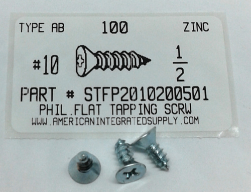 #10X1/2 FLAT HEAD PHILLIPS TAPPING SCREW AB STEEL ZINC PLATED