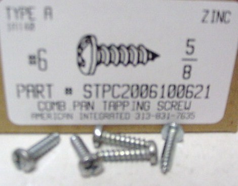 #6X5/8 PAN HEAD COMBO SLOTTED PHILLIPS TAPPING SCREW A,AB STEEL ZINC PLATED