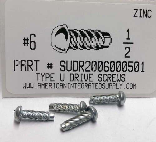 #6X1/2 ROUND HEAD U-DRIVE SCREW STEEL ZINC PLATED USE #31 DRILL REC. HOLE .120" (DISCONTINUED)