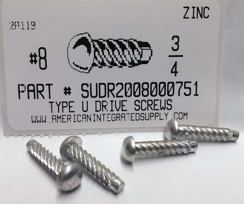 #8X3/4 ROUND HEAD U-DRIVE SCREW STEEL ZINC PLATED USE #27 DRILL REC. HOLE .144" (DISCONTINUED)