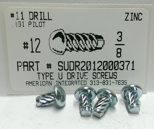 #12X3/8 ROUND HEAD U-DRIVE SCREW STEEL ZINC PLATED USE #11 DRILL REC. HOLE .191" (DISCONTINUED)