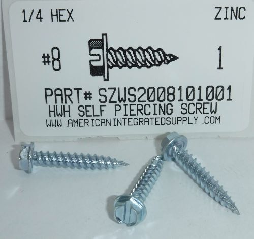 #8X1 SLOTTED HEX WASHER HEAD SELF PIERCING SCREW IN METAL UP TO .050" STEEL ZINC PLATED