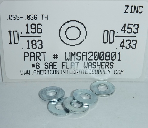 #8 SAE FLAT WASHER STEEL ZINC 3/16 ID X 7/16 OD X 3/64 TH NOMINAL