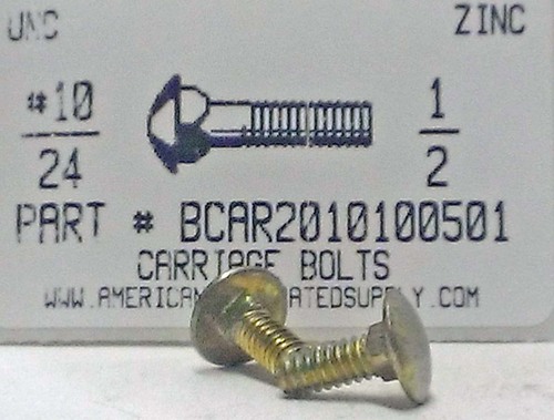 #10-24X1/2 CARRIAGE BOLT FULLY THREADED A307 STEEL ZINC PLATED