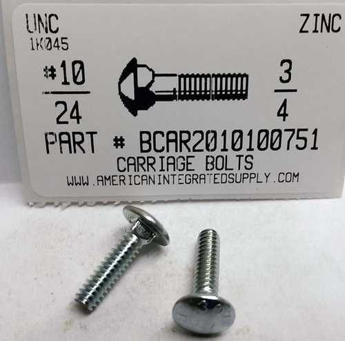 #10-24X3/4 CARRIAGE BOLT FULLY THREADED A307 STEEL ZINC PLATED