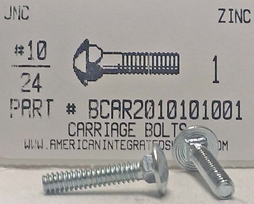 #10-24X1 CARRIAGE BOLT FULLY THREADED A307 STEEL ZINC PLATED