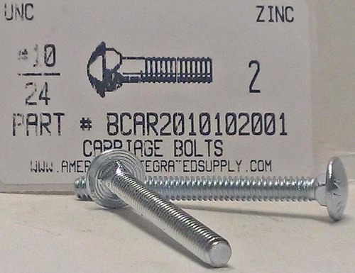 #10-24X2 CARRIAGE BOLT FULLY THREADED A307 STEEL ZINC PLATED