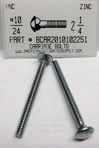 #10-24X2-1/4 CARRIAGE BOLT FULLY THREADED A307 STEEL ZINC PLATED