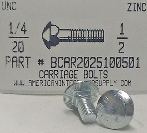 1/4-20X1/2 CARRIAGE BOLT FULLY THREADED A307 STEEL ZINC PLATED