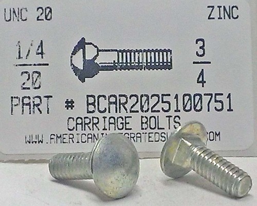 1/4-20X3/4 CARRIAGE BOLT FULLY THREADED A307 STEEL ZINC PLATED