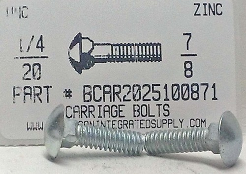 1/4-20X7/8 CARRIAGE BOLT FULLY THREADED A307 STEEL ZINC PLATED