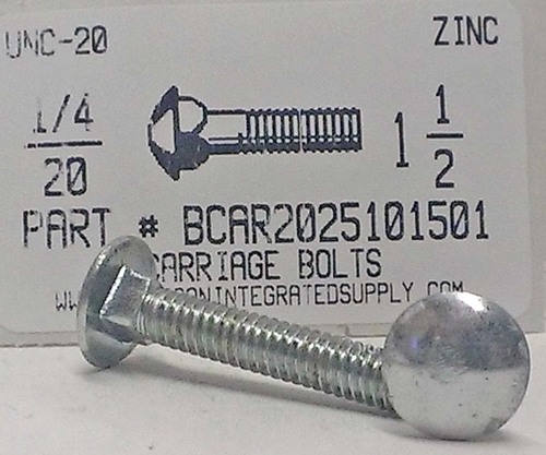 1/4-20X1-1/2 CARRIAGE BOLT FULLY THREADED A307 STEEL ZINC PLATED