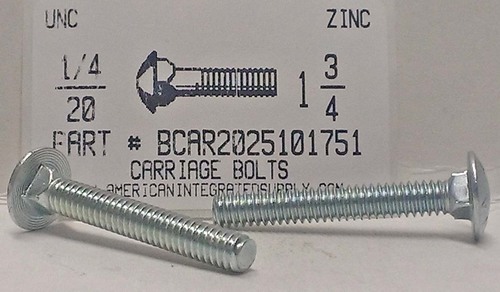 1/4-20X1-3/4 CARRIAGE BOLT FULLY THREADED A307 STEEL ZINC PLATED