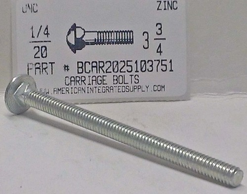 1/4-20X3-3/4 CARRIAGE BOLT FULLY THREADED A307 STEEL ZINC PLATED