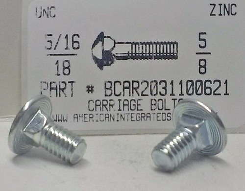 5/16-18X5/8 CARRIAGE BOLT FULLY THREADED A307 STEEL ZINC PLATED