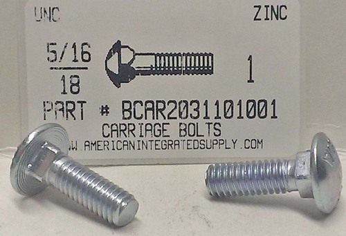 5/16-18X1 CARRIAGE BOLT FULLY THREADED A307 STEEL ZINC PLATED