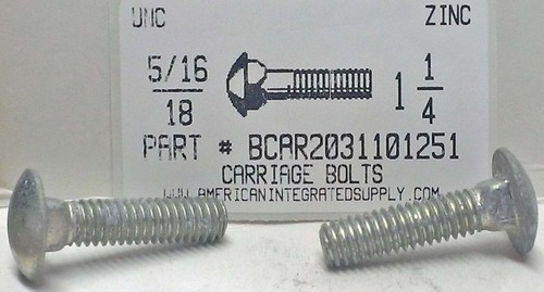 5/16-18X1-1/4 CARRIAGE BOLT FULLY THREADED A307 STEEL ZINC PLATED