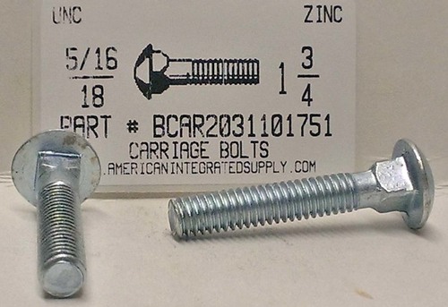 5/16-18X1-3/4 CARRIAGE BOLT FULLY THREADED A307 STEEL ZINC PLATED
