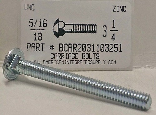 5/16-18X3-1/4 CARRIAGE BOLT FULLY THREADED A307 STEEL ZINC PLATED