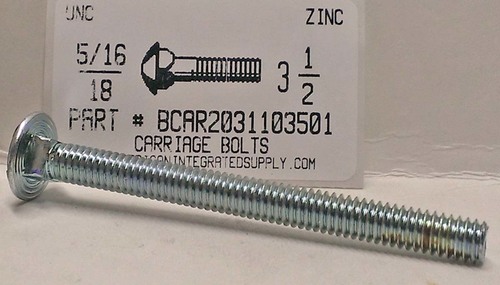 5/16-18X3-1/2 CARRIAGE BOLT FULLY THREADED A307 STEEL ZINC PLATED