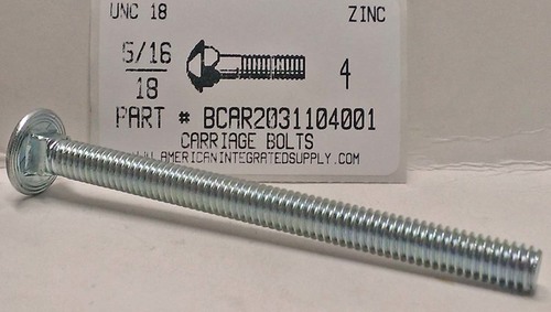 5/16-18X4 CARRIAGE BOLT FULLY THREADED A307 STEEL ZINC PLATED