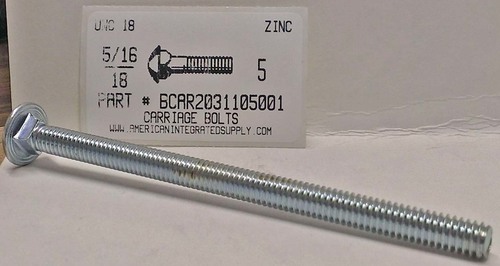 5/16-18X5 CARRIAGE BOLT FULLY THREADED A307 STEEL ZINC PLATED