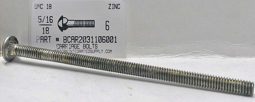 5/16-18X6 CARRIAGE BOLT FULLY THREADED A307 STEEL ZINC PLATED