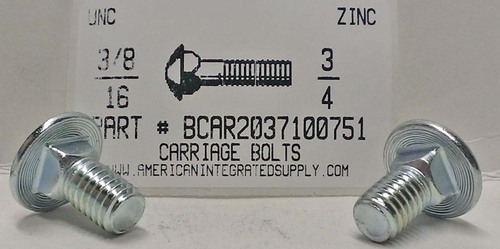 3/8-16X3/4 CARRIAGE BOLT FULLY THREADED A307 STEEL ZINC PLATED