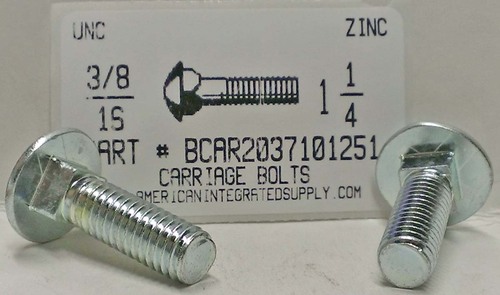 3/8-16X1-1/4 CARRIAGE BOLT FULLY THREADED A307 STEEL ZINC PLATED