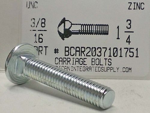 3/8-16X1-3/4 CARRIAGE BOLT FULLY THREADED A307 STEEL ZINC PLATED