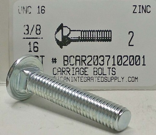 3/8-16X2 CARRIAGE BOLT FULLY THREADED A307 STEEL ZINC PLATED
