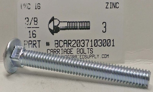 3/8-16X3 CARRIAGE BOLT FULLY THREADED A307 STEEL ZINC PLATED