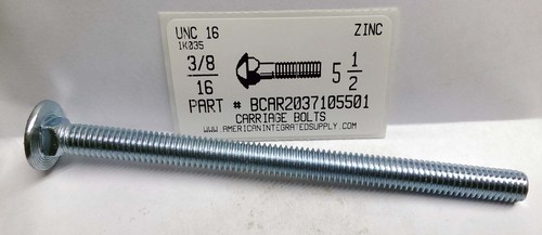3/8-16X5-1/2 CARRIAGE BOLT FULLY THREADED A307 STEEL ZINC PLATED