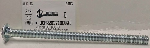 3/8-16X6 CARRIAGE BOLT FULLY THREADED A307 STEEL ZINC PLATED