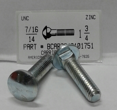 7/16-14X1-3/4 CARRIAGE BOLT FULLY THREADED A307 STEEL ZINC PLATED