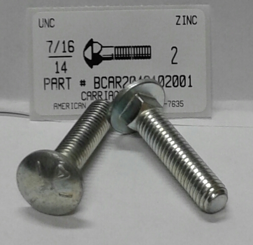 7/16-14X2 CARRIAGE BOLT FULLY THREADED A307 STEEL ZINC PLATED